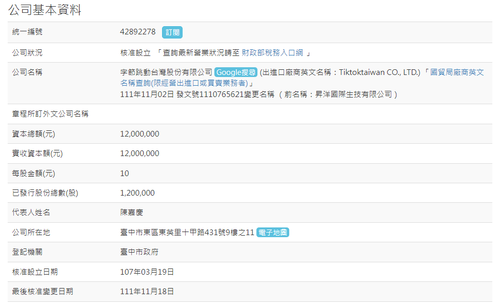 公司登記查詢資料:公司名稱變更